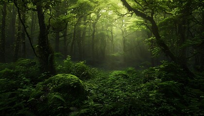 Obraz premium Mysterious green forest in the morning