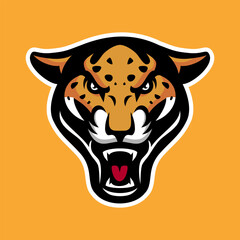 Angry jaguar head sports logo on a yellow background. Great for team mascots, apparel prints, stickers, and more.