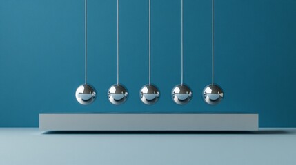 This image shows a set of five metallic pendulums hanging in a minimalist style. The background is a soothing blue. Its perfect for illustrating concepts in physics. AI