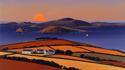 Fototapeta premium A serene sunset landscape featuring rolling hills, a calm sea, and a distant island, evoking tranquility.