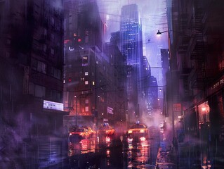 A futuristic cityscape at night with rain, a helicopter flying overhead, and cars driving down a street.