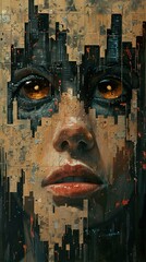 A woman's face is obscured by a cityscape in a digital art style, suggesting themes of technology, urban life, and the human condition.