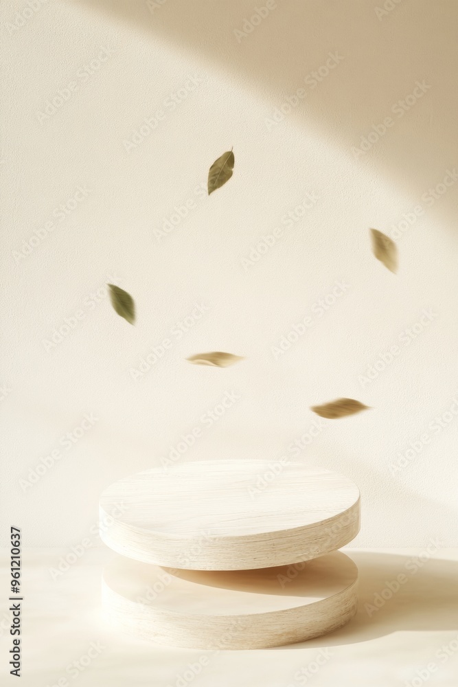 Poster minimalist mockup with textured wood podium and floating leaves on soft beige background