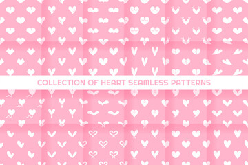 Collection of Seamless patterns of Hearts cartoon doodle on pink background.