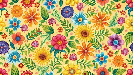 Fototapeta premium Abstract floral seamless pattern with colorful flowers and leaves on a yellow background