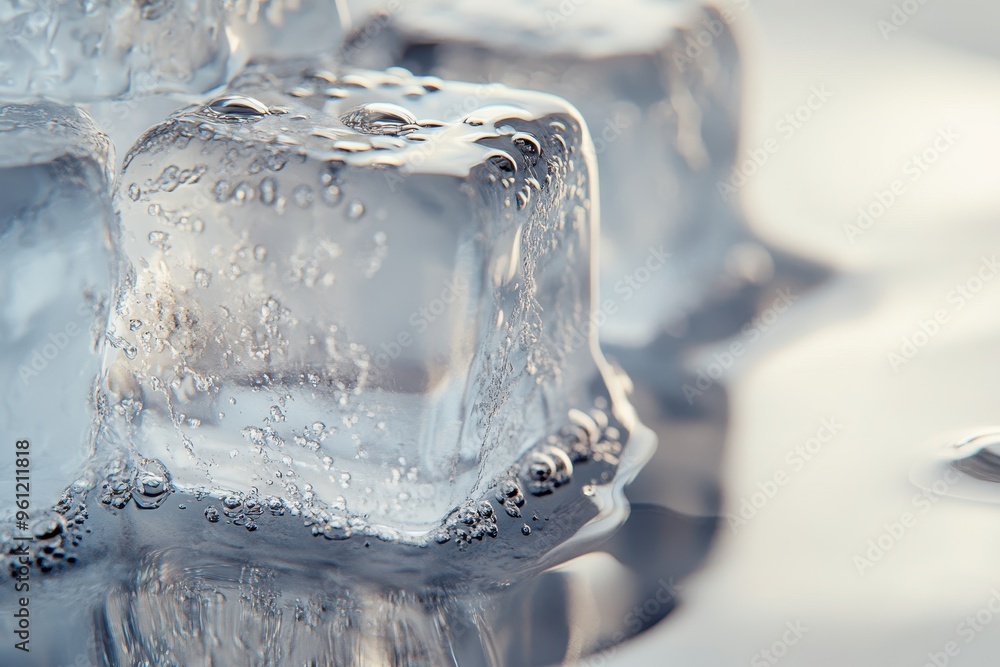 Aufkleber close-up of ice cubes with bubbles on a reflective surface.