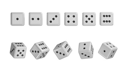 White 3d isolated realistic dice for casino game vector icon. Backgammon lucky cube roll with 1, 6 or two dot number. Random rolling square luck choice for poker gaming entertainment, dice games.