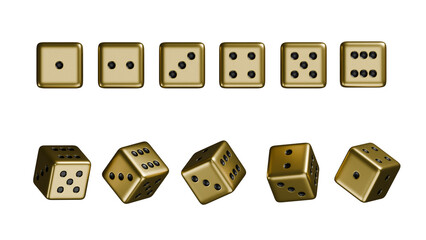 Set of casino premium dice with all numbers and angles, online casino gambling, Luxury dice for games, falling dices, realistic dice Gold theme, 3d rendered.