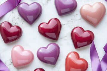 Obraz premium Colorful heart-shaped chocolates arranged on a marble surface with ribbons.