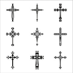 Christian cross vector icon symbols.  Abstract christian religious belief or faith art illustration for orthodox or catholic design. The symbol of the cross in various designs used in tattoo.