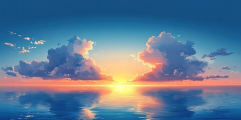 Naklejka premium Sky Blue,Cloud Background,Horizon Spring Clear Sky in Morning by the beach,Vector beautiful landscape nature sunrise in Summer,Backdrop panoramic banner white clouds over blue ocean,Sunset landscape