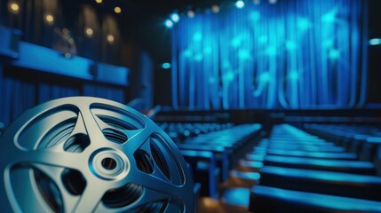 3D film strip and film reel with clapperboard on blue background