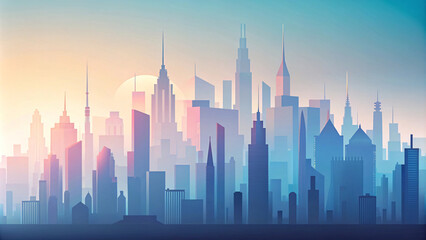 Fototapeta premium City skyline silhouette at sunset, a vibrant cityscape of towering skyscrapers against a fiery sky