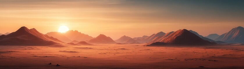 Obraz premium Breathtaking sunset illuminating peaceful mountains, showcasing serene beauty and vibrant colors in a tranquil landscape.