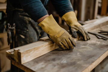Carpenters Hands Working with Wood Closeup
