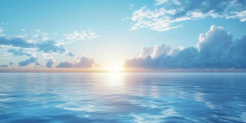 Fototapeta premium Sky Blue,Cloud Background,Horizon Spring Clear Sky in Morning by the beach,Vector beautiful landscape nature sunrise in Summer,Backdrop panoramic banner white clouds over blue ocean,Sunset landscape