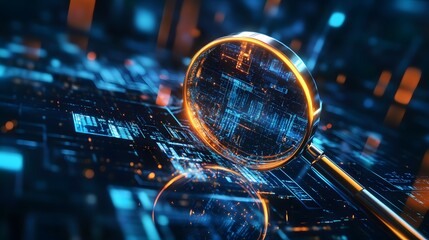 3D search engine interface with dynamic, rotating search results, symbolizing real-time data processing