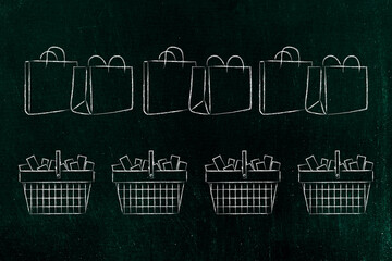 shopping and consumer spending, lines of shopping bags and baskets full of items