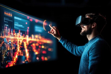 A man using virtual reality technology interacts with a digital interface, showcasing innovation and immersive experiences.