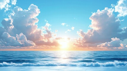 Obraz premium Sky Blue,Cloud Background,Horizon Spring Clear Sky in Morning by the beach,Vector beautiful landscape nature sunrise in Summer,Backdrop panoramic banner white clouds over blue ocean,Sunset landscape