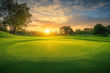 Obraz premium Golf teeing ground in golf course with sunrise background , ai