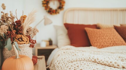 cozy autumn themed bedroom featuring a bed adorned with orange, mustard, and earthy toned pillows and blankets