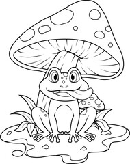 Cartoon froge palying under the mushroom line art