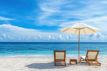 Obraz premium Beautiful panoramic sea sand sky. Tropical relax beach sunny summer island landscape. Love couple chairs umbrella palm leaves romantic coast. Luxury travel destination. Honeymoon vacation best, ai