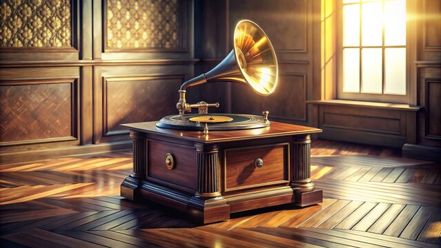 Warm lighting highlights the vintage record player's brass accents and wooden base on the hardwood floor, exuding a sense of nostalgia and timeless elegance.