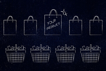 your product vs the competition, shopping bag with text Your Product surrounded other plain bags...