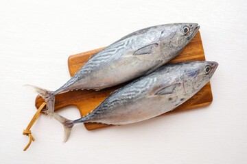 Fresh fish, uncooked fish, fresh longtail tuna fish on white background