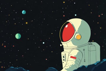 Fototapeta premium World Space Week. Illustration about space and an astronaut. The astronaut explores new unexplored worlds and admires outer space. Book illustration for science fiction or fantasy. Future space