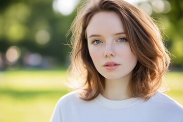 Fototapeta premium A close-up portrait of a young white woman wearing a casual t-shirt, with a blurred background.