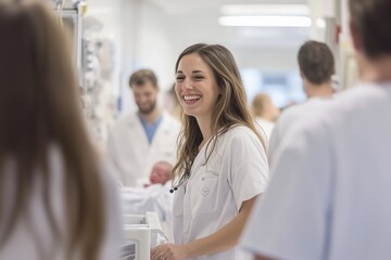 Obraz premium Smiling young female doctor wearing green scrubs is standing in a maternity hospital with newborn babies and other medical staff