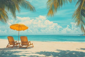 Obraz premium Beautiful panoramic sea sand sky. Tropical relax beach sunny summer island landscape. Love couple chairs umbrella palm leaves romantic coast. Luxury travel destination. Honeymoon vacation best , ai