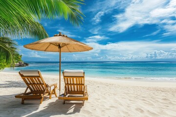 Obraz premium Beautiful panoramic sea sand sky. Tropical relax beach sunny summer island landscape. Love couple chairs umbrella palm leaves romantic coast. Luxury travel destination. Honeymoon vacation best , ai
