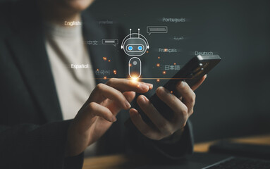 Ai technology application, Automatic translation system concept. Women use mobile smartphone with...