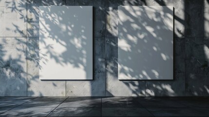 Two blank white rectangular posters or business cards sample with diagonal window shadows on grey concrete wall, Ideal for advertising and branding design