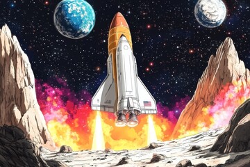 Obraz premium World Space Week. Illustration about space with a rocket. The spaceship flies through time and space to new unknown worlds. Book illustration for science fiction or fantasy. Future space exploration.