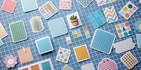 A collection of sticker mockups in a grid pattern on indigo background for customization