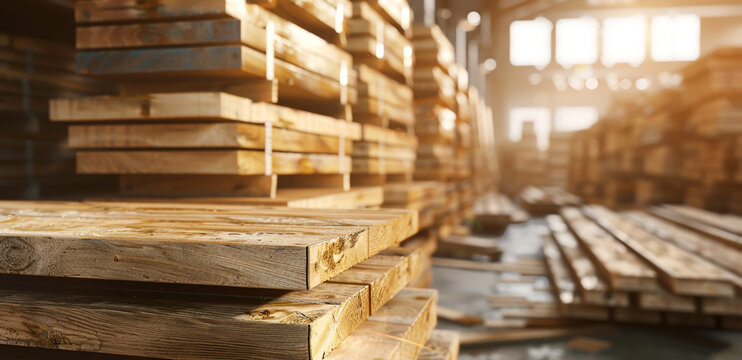 Stack of wooden beams in warehouse for production and sale.
