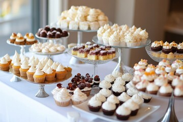 A beautifully arranged dessert table with a variety of small cakes, pastries, and candies, perfect for a wedding or special event