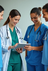 Four doctor was having a discussion, everyone looked at the tablet, their faces were smiling.