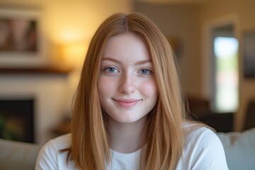 A close-up portrait of a young white woman wearing a casual t-shirt, with a blurred background.