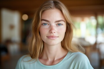 Obraz premium A close-up portrait of a young white woman wearing a casual t-shirt, with a blurred background.
