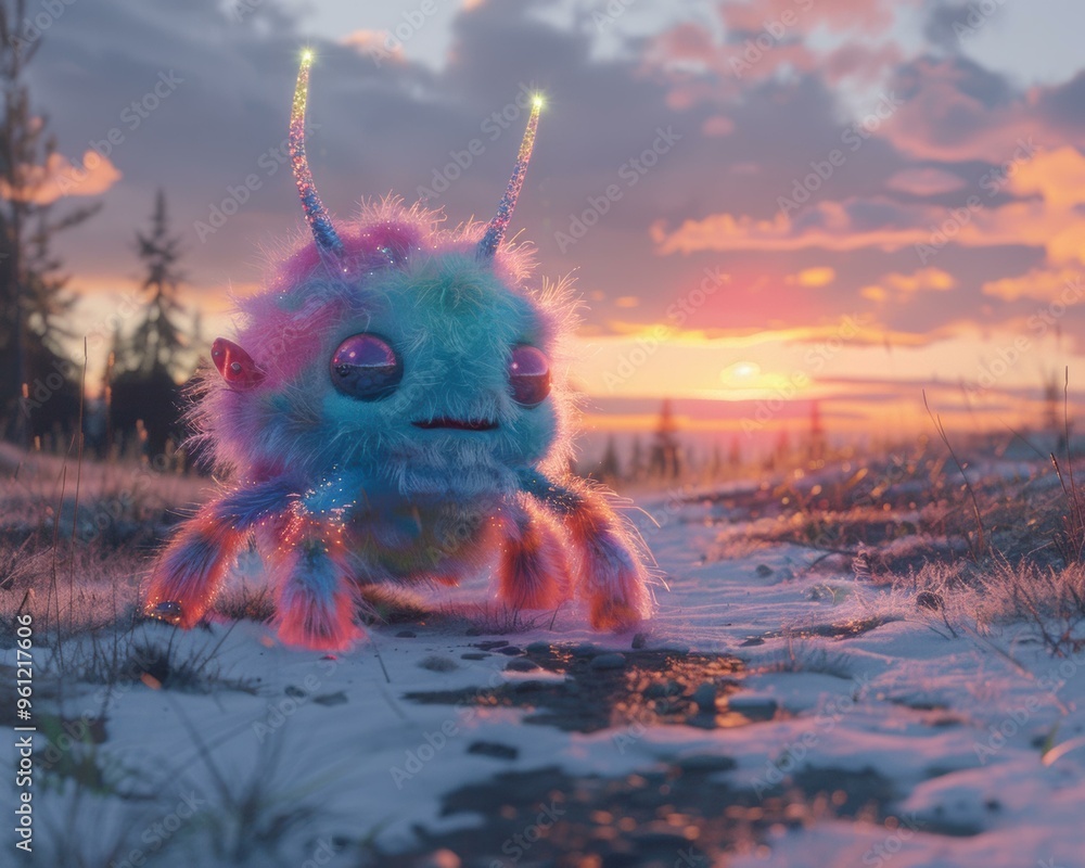 Canvas Prints A fluffy creature with glowing antennas looks out over a snowy landscape. AI.