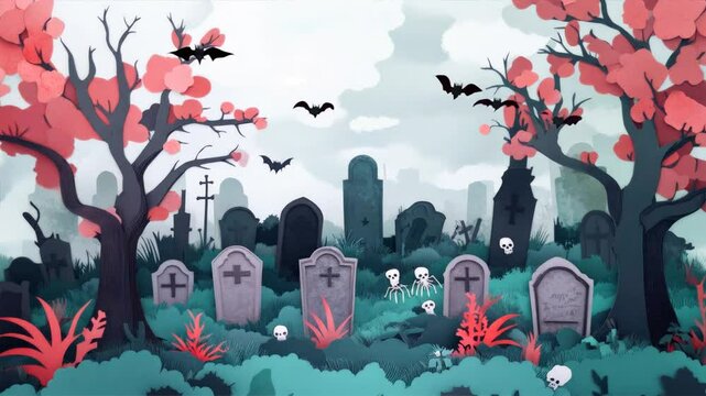 Spooky graveyard scene with tombstones, trees, bats, and a haunted atmosphere. Perfect for Halloween themes and eerie designs.