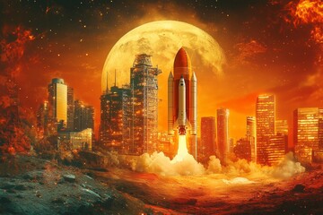 World Space Week. Illustration about space with a rocket. The spaceship flies through time and space to new unknown worlds. Book illustration for science fiction or fantasy. Future space exploration.