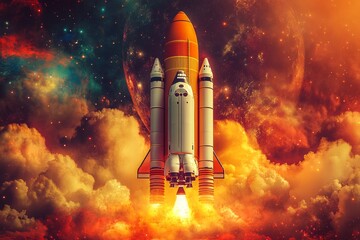 World Space Week. Illustration about space with a rocket. The spaceship flies through time and space to new unknown worlds. Book illustration for science fiction or fantasy. Future space exploration.