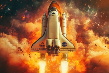World Space Week. Illustration about space with a rocket. The spaceship flies through time and space to new unknown worlds. Book illustration for science fiction or fantasy. Future space exploration.